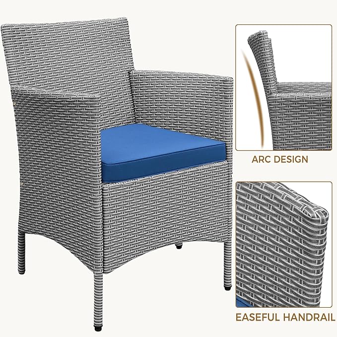 Yaheetech 3 Pieces Patio Porch Furniture Set, Outdoor PE Rattan Wicker Conversation Set with Soft Cushions, Glass Coffee Table & 2 Chairs for Garden/Deck/Courtyard/Poolside, Gray/Dark Blue