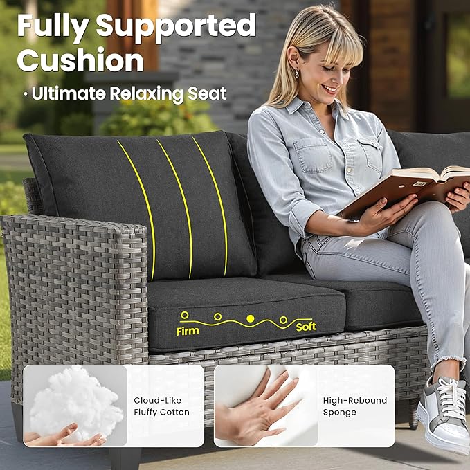 ovios Patio Furniture Set, 5 Pieces Outdoor Wicker Sofa Couch with Chairs, Ottomans and Comfy Cushions, All Weather High Back Rattan Conversation Set, Black