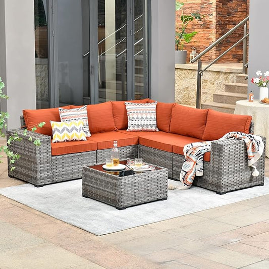 HOOOWOOO Modular Patio Outdoor Sectional Furniture Set,6 Piece Wicker Conversation Sofa Set,Out Door Couch Set with Wide Arm for Outside All Weather(Orange Red)