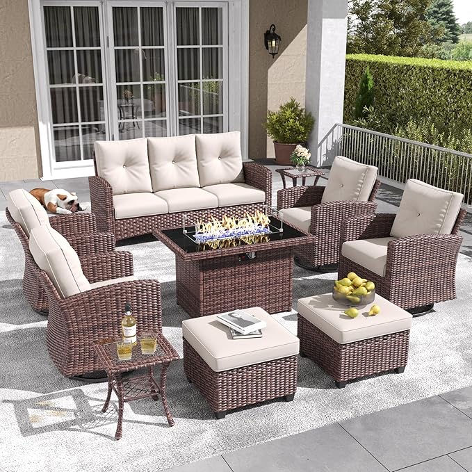 LayinSun 10 Pieces Patio Furniture Set with Swivel Chairs, Rattan Wicker Rocking Glide Chairs with 44" Propane Gas Fire Pit Table Conversation Set