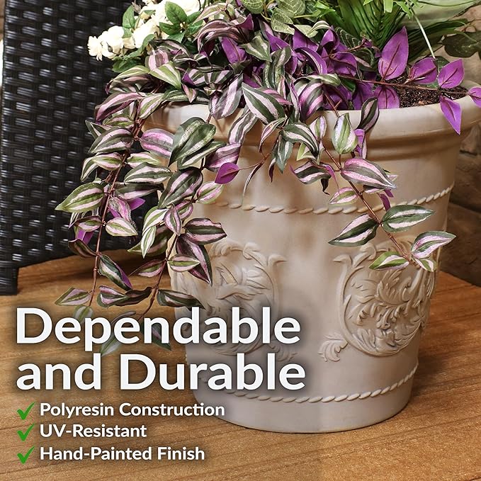 Sunnydaze 19.5-Inch Arabella Large Plastic Pot for Plants - Outdoor Double-Walled Polyresin Large Plastic Planter with Drillable Drainage Holes - Beige - 2-Pack