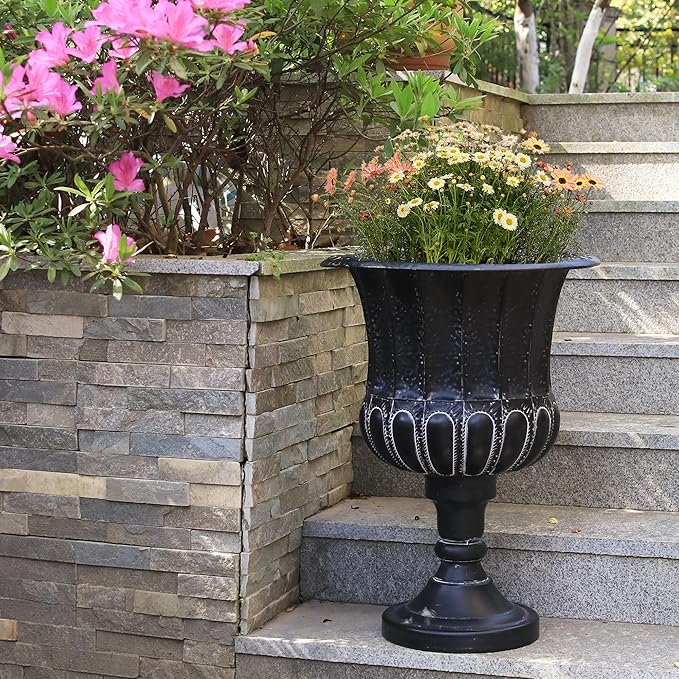 Worth Garden 25" H. Metal Urn Planters 1-Pack - Black Classic Antique Iron Plant Pots - Large Decorative Rustic Flower Pots for Outdoor Use - Traditional Urn Planter for Patio, Front Porch