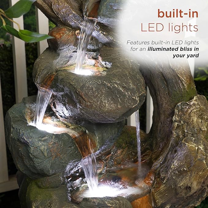 Alpine Corporation WIN1546 Outdoor Floor Rock/Tree Trunk Fountain w/LED Lights, Cascading Garden Water Fountain, 39" H, Gray