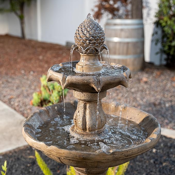 XBrand 44" Solar Powered 2-Tier Outdoor Water Fountain, Fiberglass Resin Garden Bird Bath Fountain with Auto Shut-Off Pump