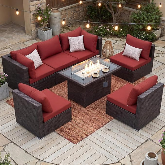 BULEXYARD 7-Piece Outdoor Patio Furniture Set with Propane/Natural Gas Fire Pit Table, Comfortable High-Back Sectional Couch Sofa, All-Weather Heavy Duty Backyard Seating, Brown Rattan & Red Cushion