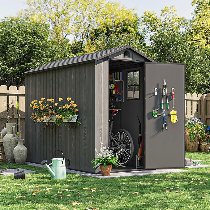 Patiowell 4x8 FT Plastic Outdoor Storage Shed with Floor, Garden Tool Shed with Two Windows and Single Lockable Door for Garden, Backyard, Lawn, Easy to Install, Dark Grey - Image 8