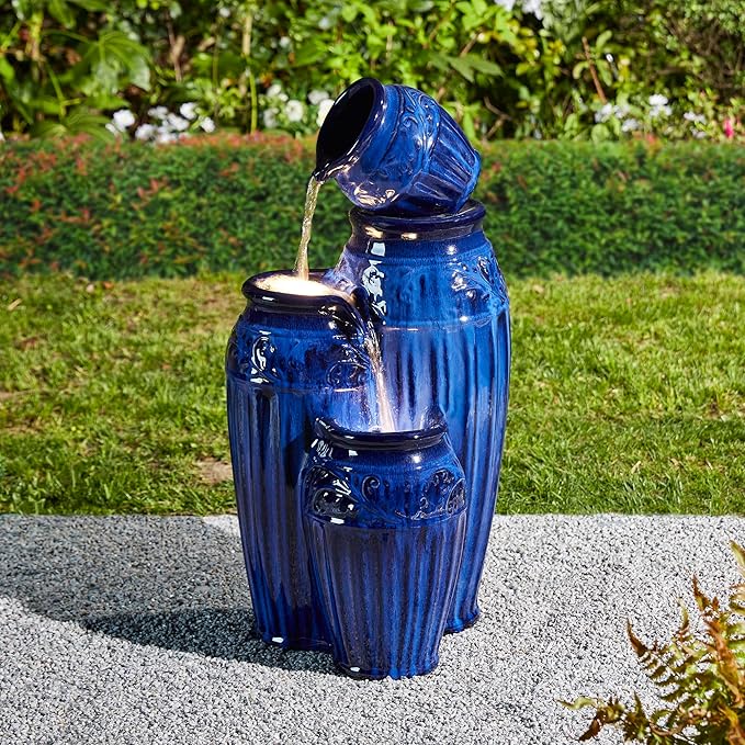 Glitzhome Water Fountain Outdoor with LED Lights, 4-Tier Ceramic Pots Outdoor Water Fountain, Embossed Pattern Cascading Water Feature for Garden Patio Backyard, Cobalt Blue, 27.25" H