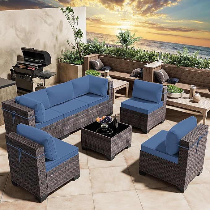 7 Pieces Outdoor Patio Furniture Set,Outdoor Sectional Furniture All Weather PE Rattan Wicker Patio Conversation Set with Coffee Table and 6 Thickened Cushions,Navy Blue