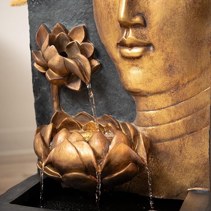 XBrand 30" H Zen Buddha Face Water Fountain w/LED Light & Pump, Indoor/Outdoor Freestanding, Relaxing Zen Décor, Bronze and Natural Grey Polyresin Fountain for Home Patio Garden Backyard