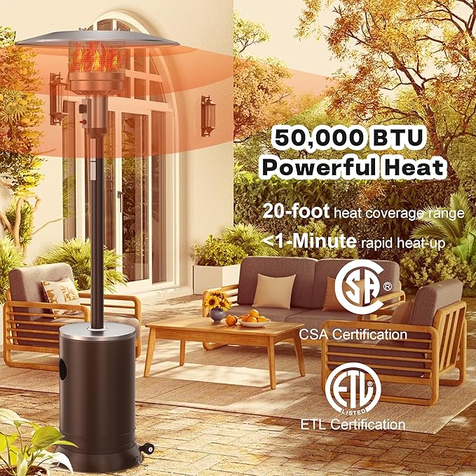 50,000 BTU Patio Heater - Propane Patio Heater with Sand Box, Double-Layer Stainless Steel Burner, Round Table Design Space Heater, Outdoor Heaters with Wheels for Garden and Patio, Brown