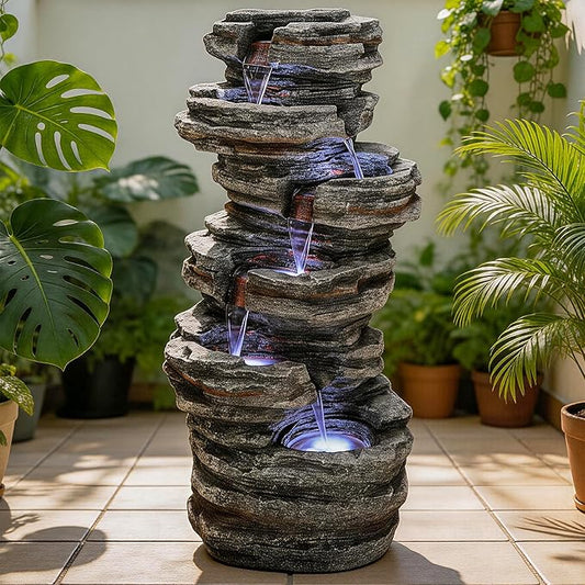 40"H Stacked Stone Water Fountain Outdoor with LED Lights, 6-Tier Extra-Lage Cascading Rock Waterfall for Outdoor Patio Garden Backyard, Weather-Resistant Resin Water Feature for Serene Oasis