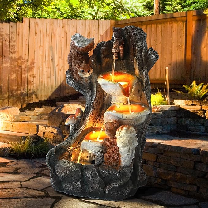 Outdoor Garden Water Fountain with Cascading Rock, 4-Tiers Fountains and Waterfalls with LED Lights,Indoor/Outdoor Morden Floor Standing Water Feature w/2 Squirrel Decor for Patio, Backyard
