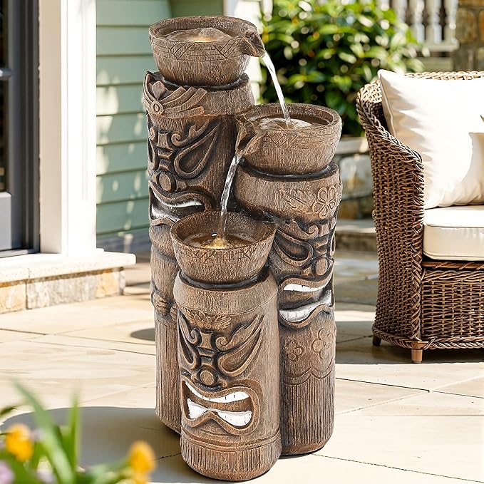 31" Outdoor Fountain, 3-Tier Tiki Head Bowl Water Feature with LED Lights, Tropical Resin Soothing Cascading Waterfall for Patio, Backyard, Garden or Porch