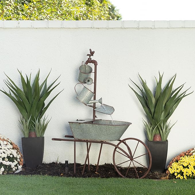 Alpine Corporation MCC574 Outdoor Floor Galvanized Shovel Pitcher Bucket Fountain, 41" Vintage Garden Water Feature, Patio & Backyard Décor, Gray