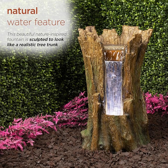 Alpine Corporation TZL294 Outdoor Tree Trunk Floor Fountain with Cool White LED Lights, Tiered Garden Decor, 22" H, Brown