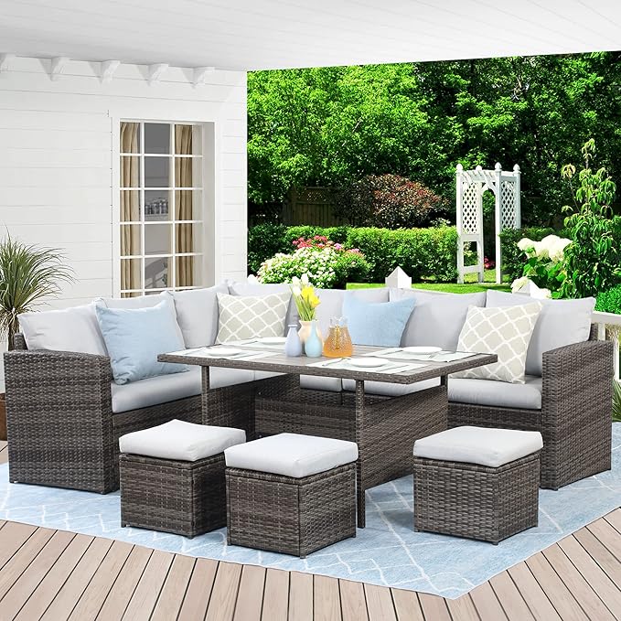 Wisteria Lane Patio Furniture Set - 7 Piece Wicker Rattan Outdoor Dining Set with Table, Chairs, Ottomans, Sectional, Grey