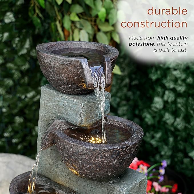 Alpine Corporation 39" Tall 5-Tier Bowls Waterfall Fountain with LED Lights, Elegant Outdoor Water Feature for Garden, Patio, Yard, Gray