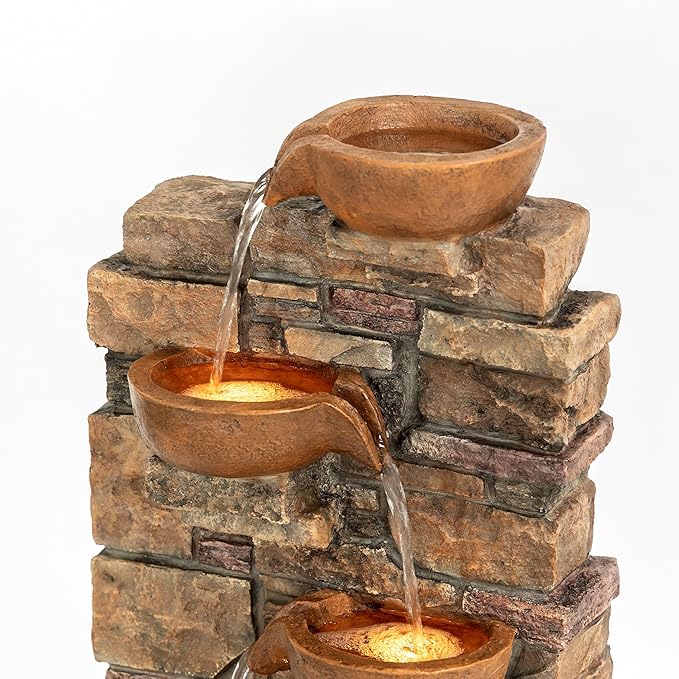 Teamson Home 28.5" Outdoor 4-Tier Stacked Stone Cascading Water Fountain with LED Lights, Brown