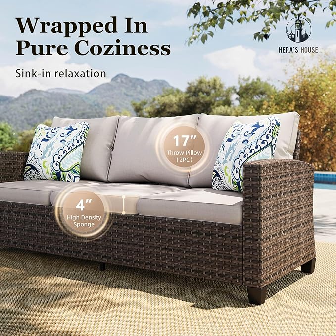 HERA'S HOUSE Wicker Patio Furniture Set with Swivel Glide Chairs, 5 Pieces Outdoor Conversation Sofa Sets with Cushions for Deck Lawn Backyard, Beige