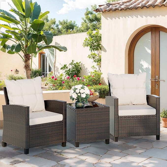 Vongrasig 3 Pieces Patio Furniture Set Small Outdoor Wicker Rattan Front Porch Bistro Set Cushioned Patio Chairs Conversation Set with Glass Table for Lawn, Garden, Backyard, Balcony, Beige