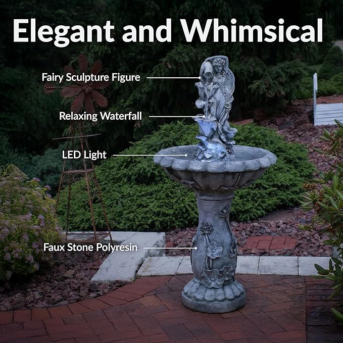 Sunnydaze Fairy Flower Solar Water Fountain - 42-Inch Outdoor Water Feature with LED Light - for Garden, Patio, Decks