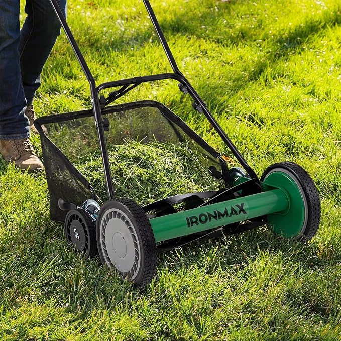IRONMAX 18 Inch 5-Blade Push Reel Lawn Mower, 9-Level Adjustable Cutting Heights, Removable Grass Catcher, Lightweight No Motor Walk-Behind Manual Grass Cutter for Garden Yard Park (Green, 18 Inch) - Image 2
