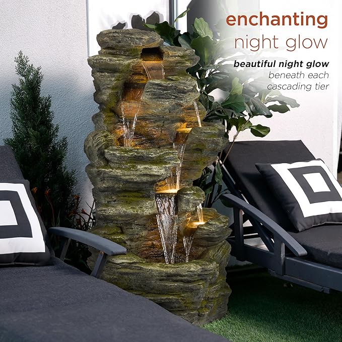 Alpine Corporation WIN1092 Outdoor Multitiered Rock Waterfall Floor Fountain with Warm White LED Lights, 51" Tall, Brown