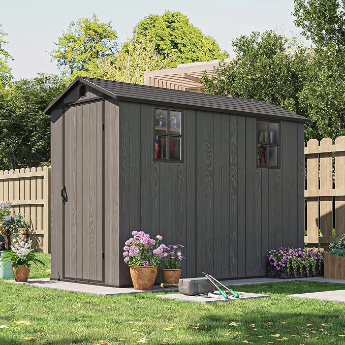 Patiowell 4x8 FT Plastic Outdoor Storage Shed with Floor, Garden Tool Shed with Two Windows and Single Lockable Door for Garden, Backyard, Lawn, Easy to Install, Dark Grey - Image 2