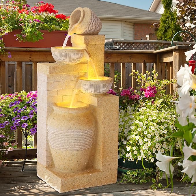 4-Tier Outdoor Indoor Water Feature Fountain, 32" H Indoor Cascading Waterfall with 3 LED Lights, Floor Standing Garden Fountain for Garden, Deck, Backyard, Patio, Yard (Yellow)