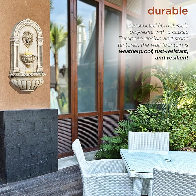 Alpine Corporation TZL160 Indoor/Outdoor Floor Lion Head Wall Fountain with LED Lights, Wall-Mounted Waterfall, 32", Ivory