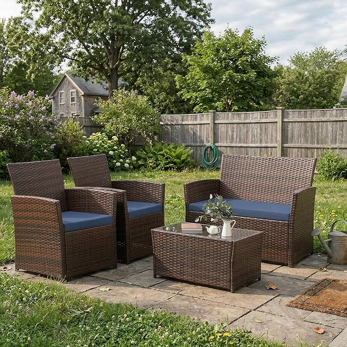 FHFO 4 Piece Outdoor Patio Furniture Sets, Patio Sectional Furniture Conversation Sofa Set, Rattan Table and Chairs and Loveseat with Cushions for Outside Balcony Porch Backyard (Brown-Blue)
