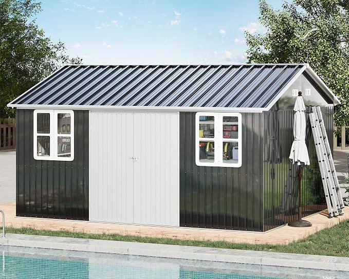 VanAcc 12 x 14FT Outdoor Storage Shed with a Lockable Hinged Door and 2 Windows, Nordic Cottage Metal Shed for Backyard, Garden, Patio, Dark Grey/White by VANACC