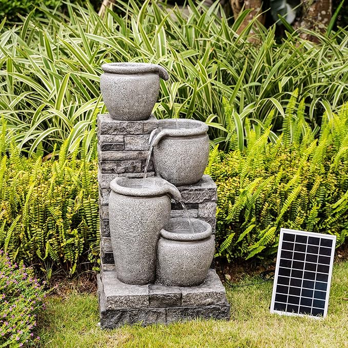 Teamson Home 30.7" 4-Tier Cascading Bowl Solar Powered Water Fountain for Outdoor Living Spaces, Gray