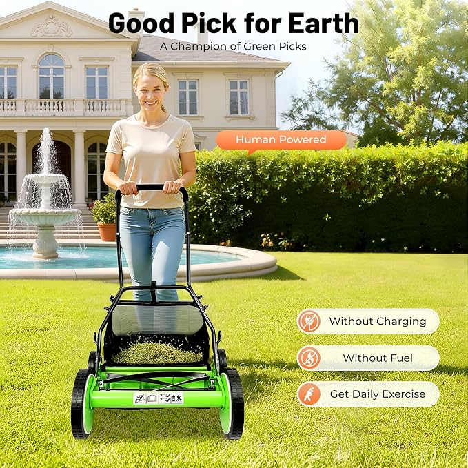 16-Inch 5-Blade Push Reel Lawn Mower, Cordless Manual Reel Lawnmower, Walk-Behind Steel Lawn Mowers with Removable Grass Catcher, Adjustable Cutting/Handle Height (16, Inches) - Image 5