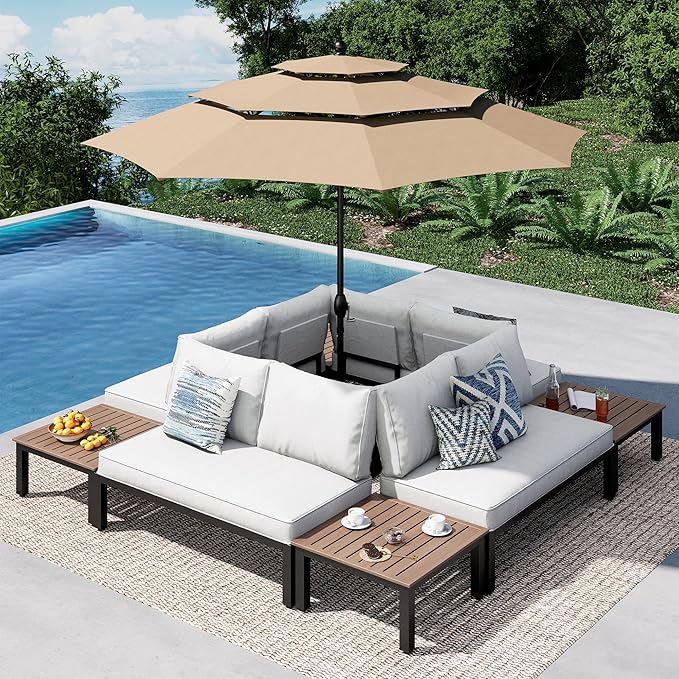 PHI VILLA 8 Pieces Outdoor Patio Furniture Set,Metal Frame Modern Outdoor Sectional Sofa Set,8 Seats with Umbrella Patio Conversation Sets,for Poolside and Backyard,Light Grey