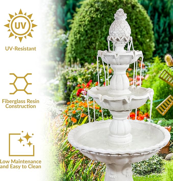 Sunnydaze 57" H Welcome 3-Tier Water Fountain - Large Electric Water Fountain with Pineapple Topper for Garden, Patio or Yard - White