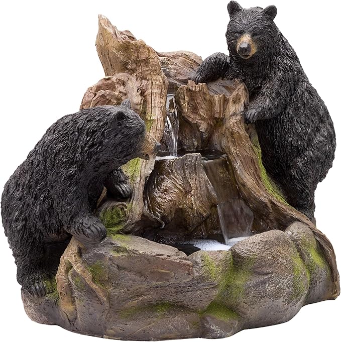 Alpine Corporation GXT252 24" Outdoor Floor Bears Climbing Fountain with LED Lights, Playful Bears Garden Water Feature, Cascading Waterfall for Backyard & Patio Décor, Brown/Black
