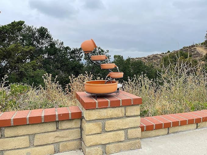 ASC Cascade Ceramic Solar Water Fountain Bowls 5 Tierd with Panel Pump Cascading Garden Decoration Bird Iron Frame (Terracotta with Battery and Led)