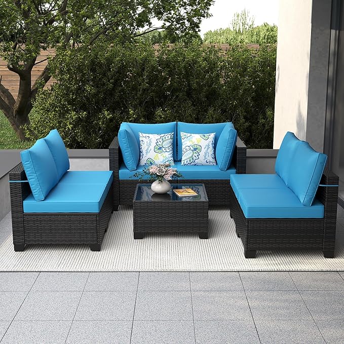7 Pieces Patio Furniture Set, Outdoor Sectional Rattan Sofa Set, Wicker Patio Conversation Set with Cushions and Glass Coffee Table, for Balcony, Porch, Garden, (Brown/Peacock Blue)