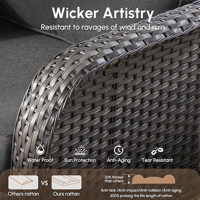 Wicker Rocking Chair Swivel Chairs - 3 Piece Rocker Glider Patio Chairs Set Rattan Rocking Chair for Outdoor Porch Deck Garden Backyard,Black