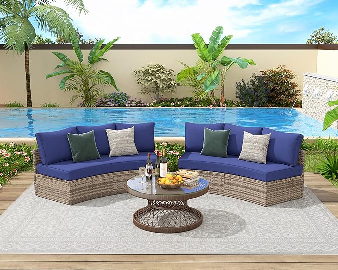 PaPaJet 6-Piece Patio Furniture Set, Half-Moon Wicker Sectional Sofa with Cushions, Waterproof Rattan Outdoor Conversation Set for Beach, Pool, Garden & Balcony, Blue