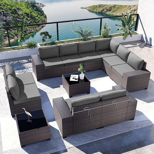 Kullavik Outdoor Patio Furniture Set,12 Pieces Sectional Rattan Sofa Set Brown PE Rattan Wicker Patio Conversation Set with 10 Seat Cushions and 2 Tempered Glass Coffee Table,Grey