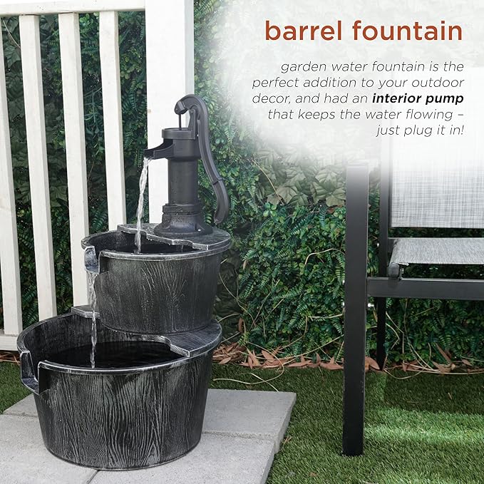 Alpine Corporation 27" Tall Rustic Outdoor 2-Tier Barrel Pump Water Fountain with Soothing Cascading Water Flow for Patio, Yard, Porch, or Landscape, Gray