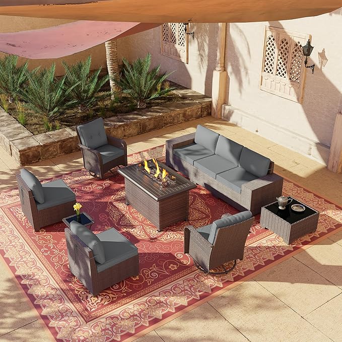 10 PCS Outdoor Patio Furniture Set,Outdoor Sectional Furniture with 43" 55000 BTU Gas Propane Fire Pit Table,All Weather PE Rattan Wicker Patio Conversation Set,Swivel Rocking Chairs Set,Grey