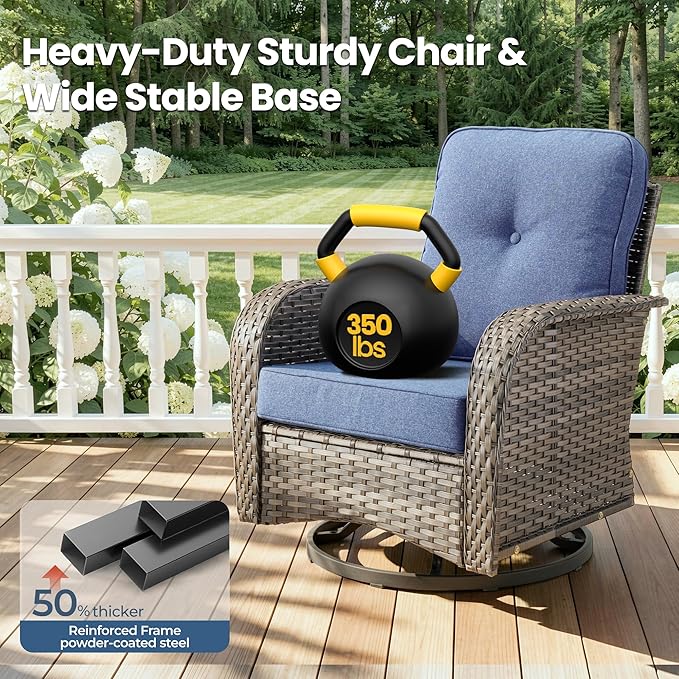 Weaxty Outdoor Swivel Rocker Patio Chairs, 3 Pieces Patio Furniture Set with Rocking Chair and Wicker Side Table, Outdoor Furniture Conversation Set for Porch, Deck, Yard, Balcony, Denim Blue