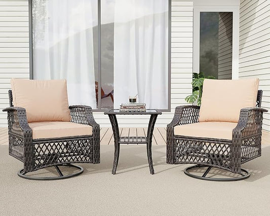 HOMREST 3 Piece Outdoor Swivel Chair Set, Wicker Patio Bistro Set with Thickened 25D Cushions and Glass Coffee Table, Patio Furniture Conversation Set for Deck, Yard, Garden, Poolside(Khaki)