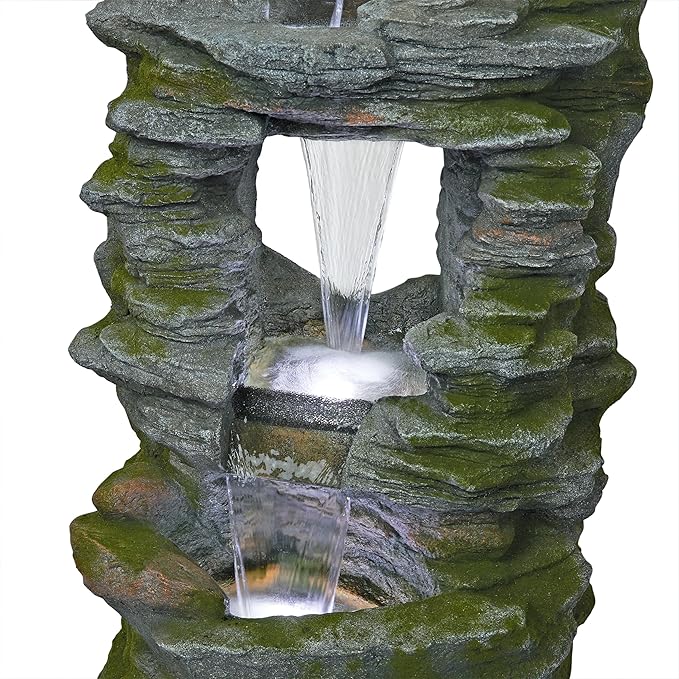Alpine Corporation WIN1648 39" Stacked Stone Rainforest Fountain with Cool White LED Lights – Cascading Waterfall Feature for Garden, Patio, and Outdoor Décor