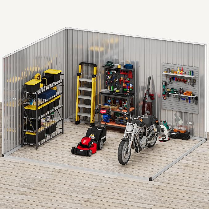 DWVO 10' x 8' Outdoor Storage Shed, Waterproof Metal Garden Shed with Windows, Lockable Doors, and Sloped Roof for Patio, Backyard, Lawn, Tool Storage, Bike Shed, Pet Shelter (Gray + White) - Image 8