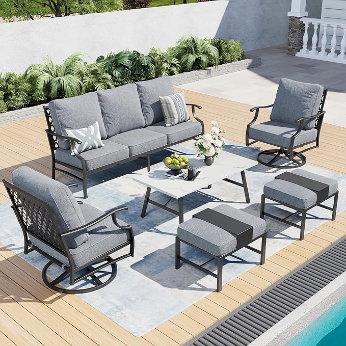 6 Piece Metal Outdoor Patio Furniture Set, Patio Conversation Sets 1 3-seater Sofa, 2 Swivel Chair, 2 Ottomans with 5.75" Thick Cushion and Coffee Table, Black Backyard Furniture, Gray
