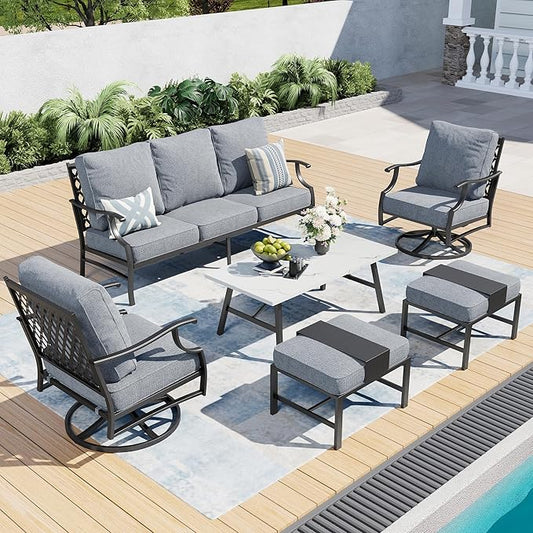 6 Piece Metal Outdoor Patio Furniture Set, Patio Conversation Sets 1 3-seater Sofa, 2 Swivel Chair, 2 Ottomans with 5.75" Thick Cushion and Coffee Table, Black Backyard Furniture, Gray